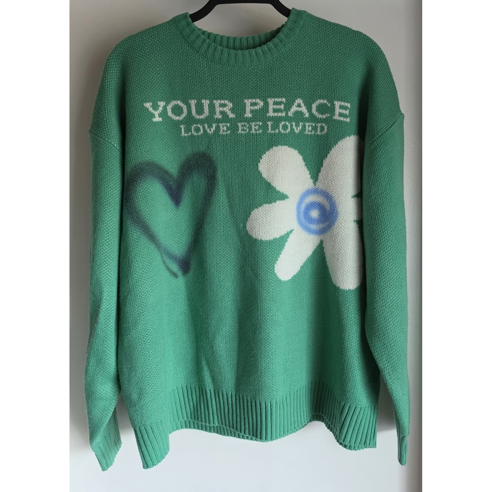 Neoity Women Graphic Sweater Free Size Green Crew Neck Long Sleeve Pullover
